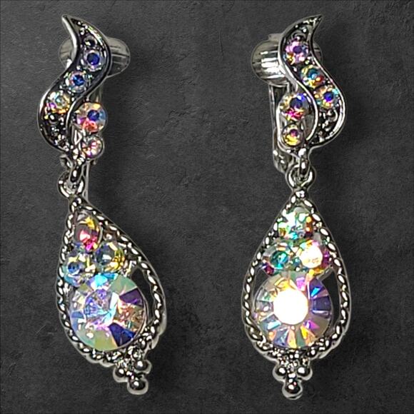 Vintage Glam Silver Tone Aurora Borealis Rhinestone Dangle Clip-on Earrings - Picture 4 of 6